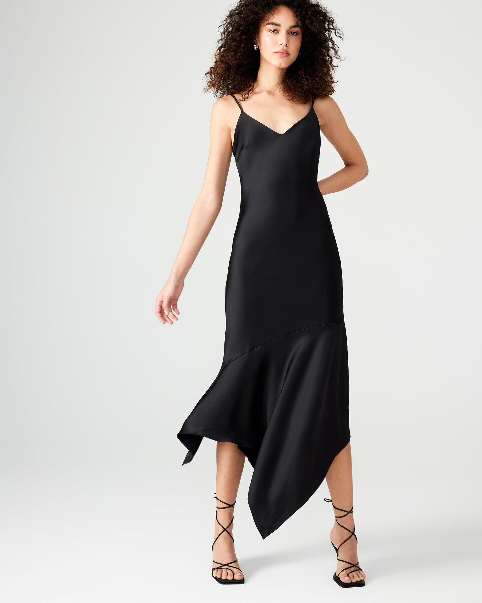LUCILLE Black Satin Flowy Slip Dress