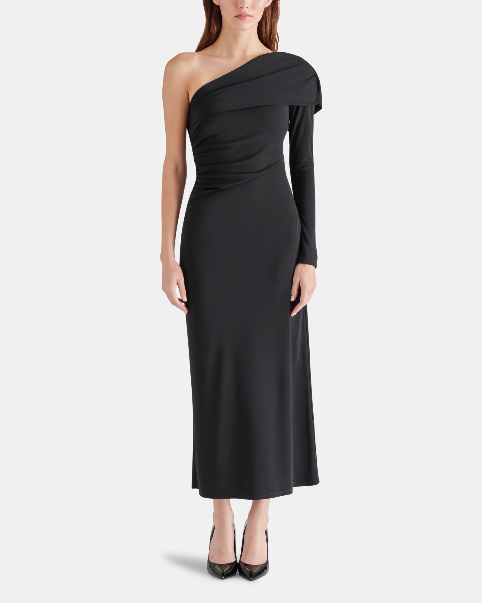 steve madden off the shoulder dress YANA Black Off-The-Shoulder Pleated Women's Dress Steve Madden