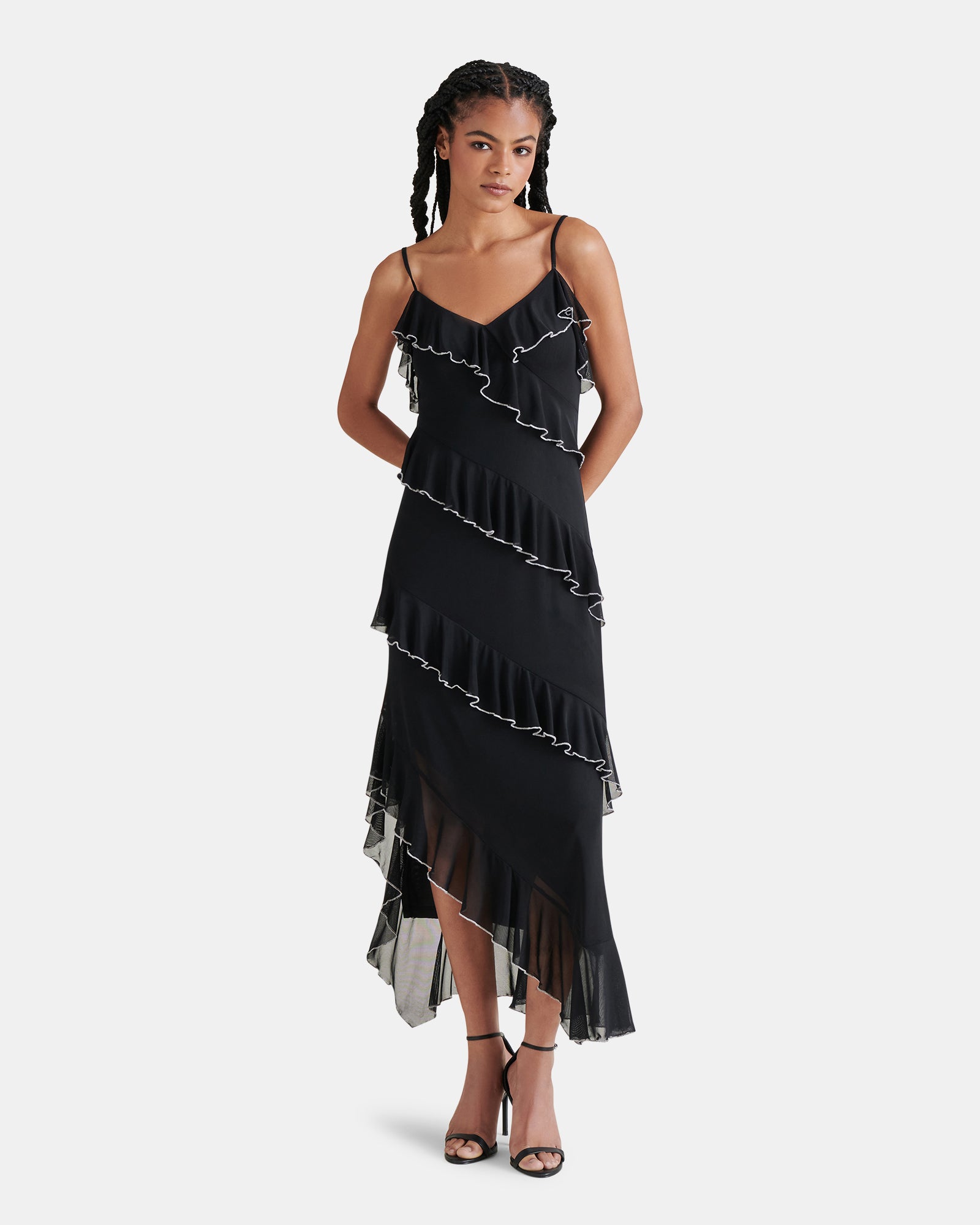 AIDA Flowy Midi Black Dress Women's Designer Dresses – Steve