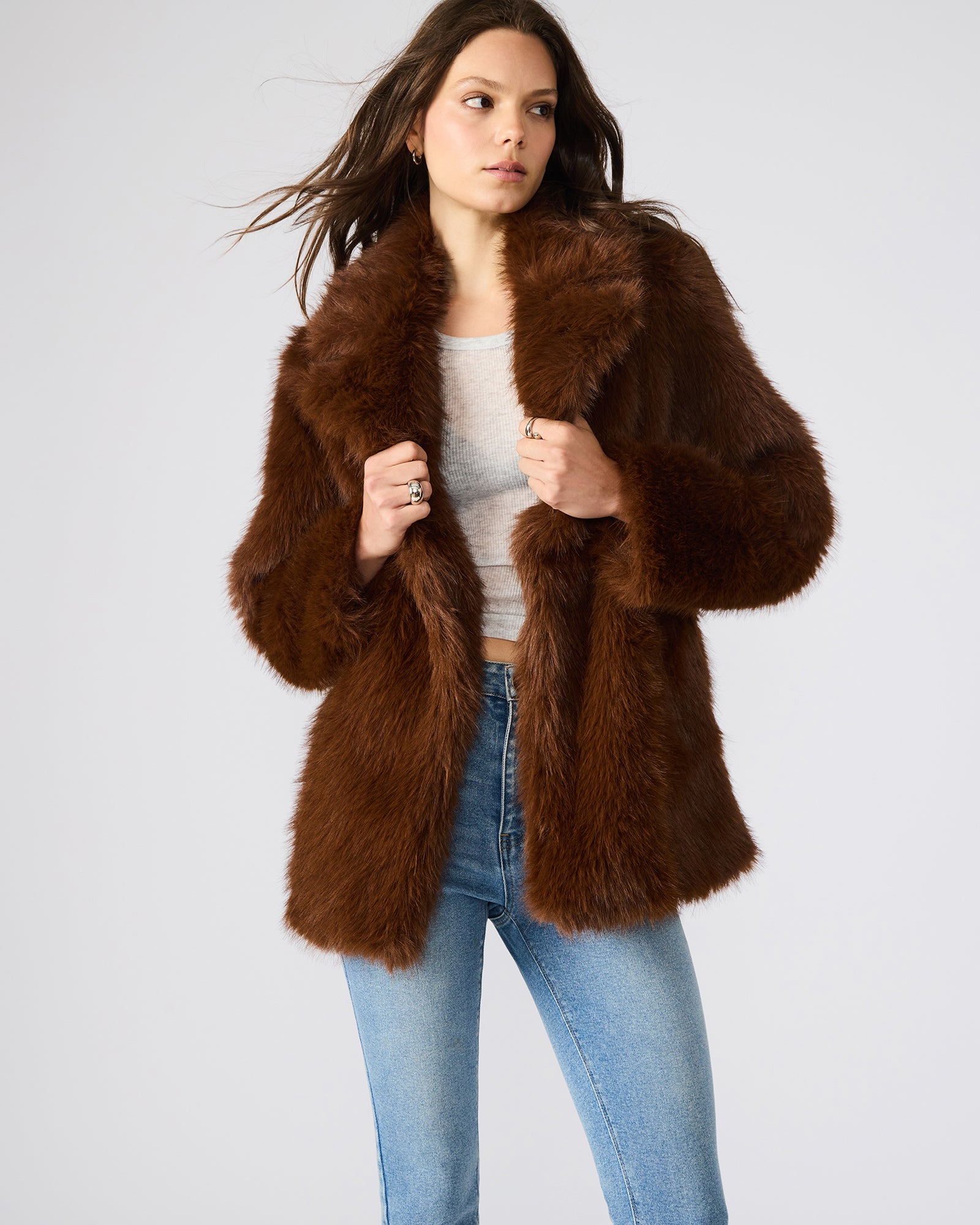 KINDRA Brown Faux Fur Collared Coat | Women's Designer Clothing