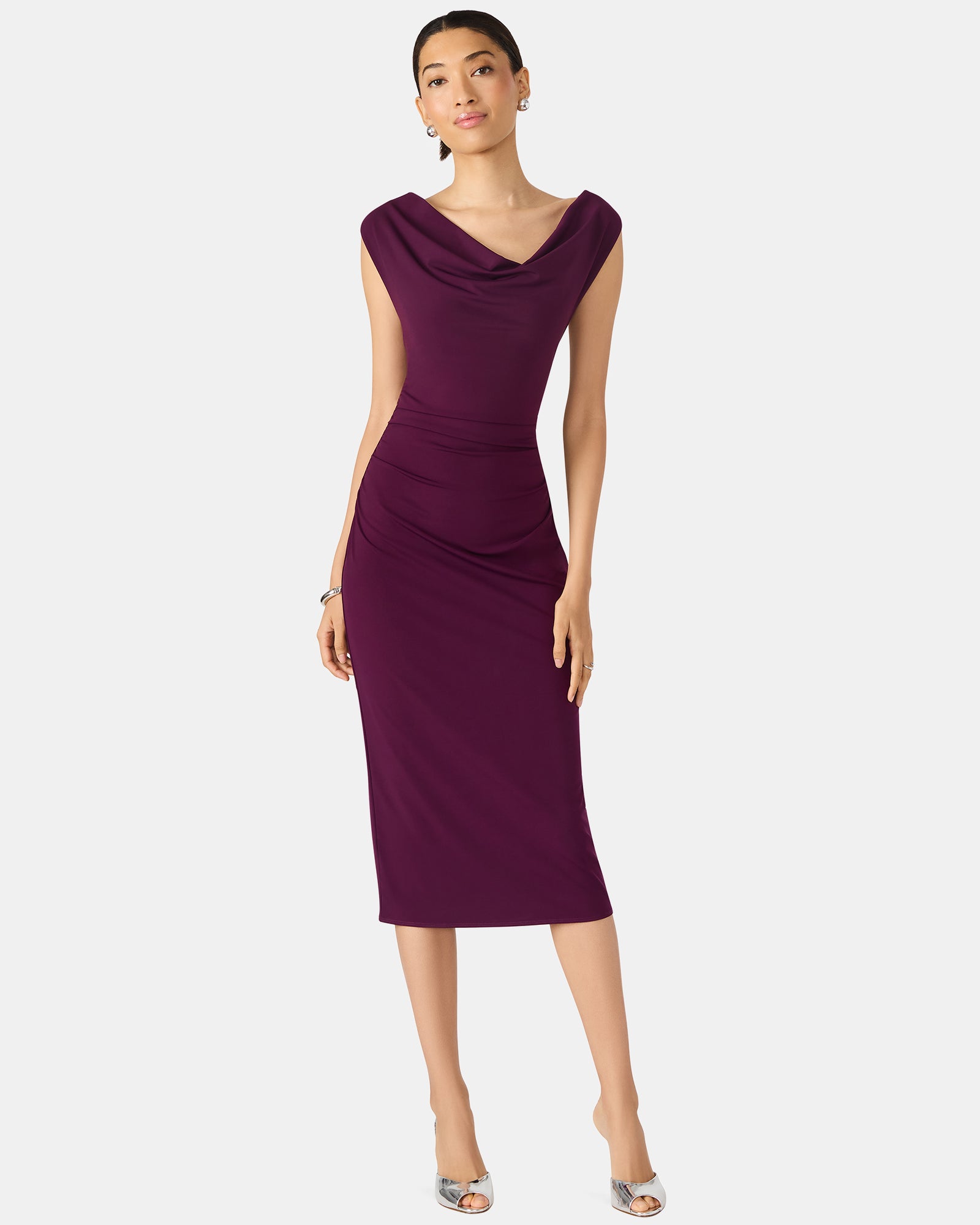 KALINA Purple Off Shoulder Open Back Midi Dress