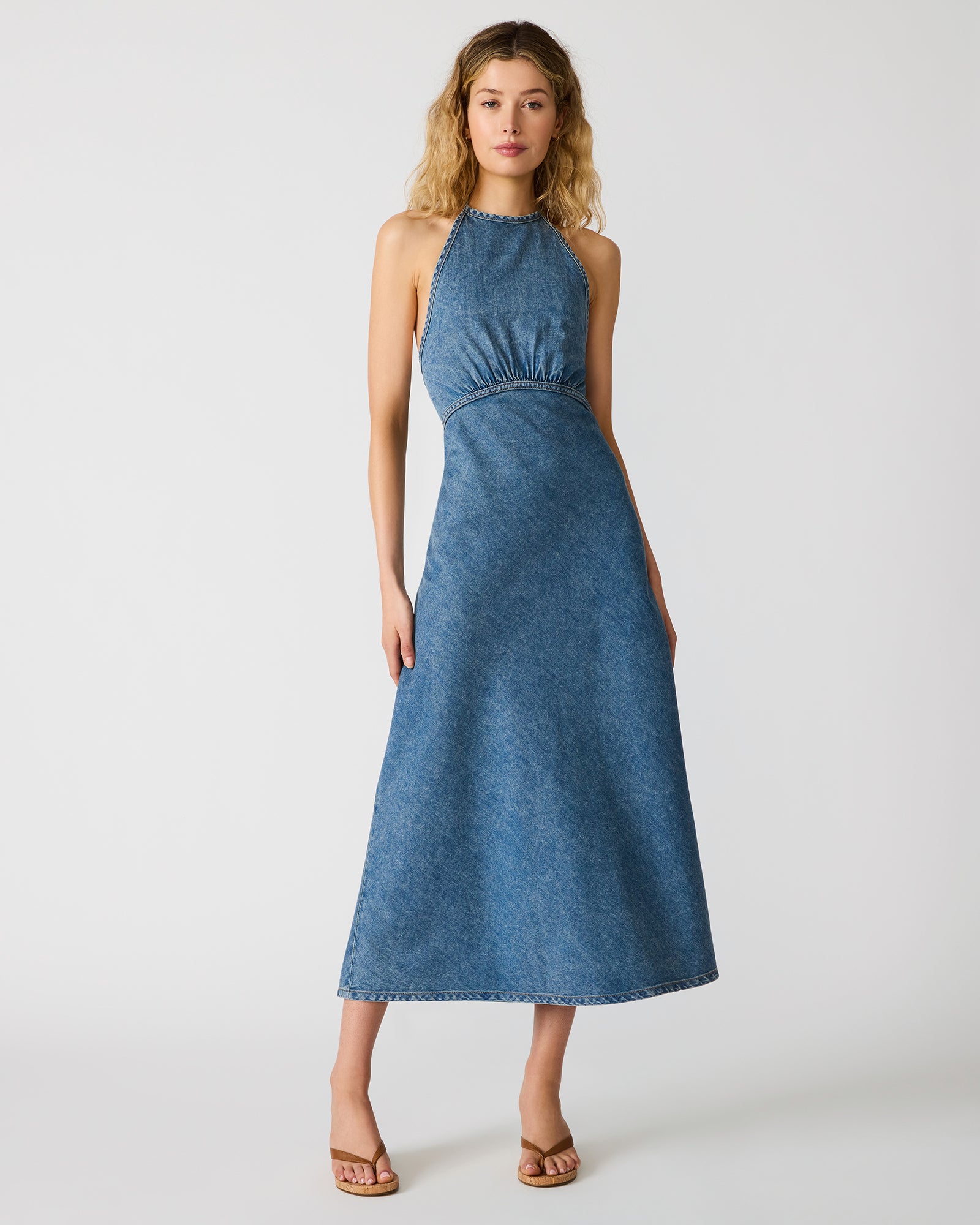 VILMA High Neck Open Back Midi Denim Dress
