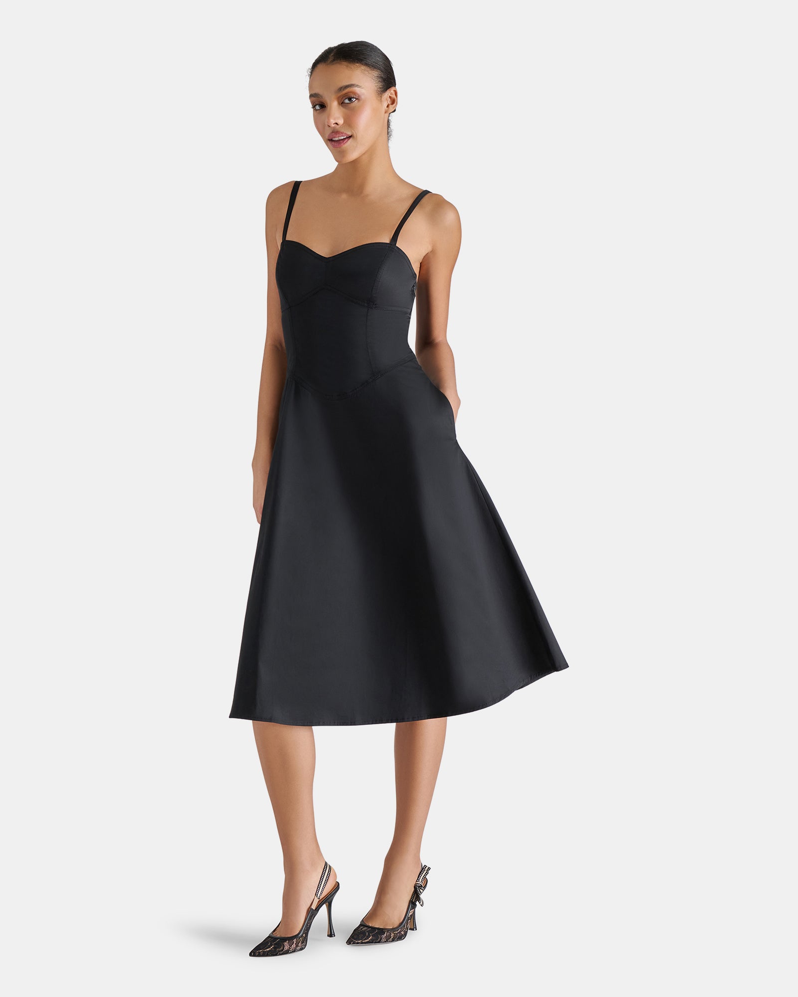 ASTER Black Midi Sweetheart Neckline Dress | Women's Designer Dresses Steve Madden Canada ASTER Black Midi Sweetheart Neckline Dress | Women's Designer Dresses Steve Madden Canada