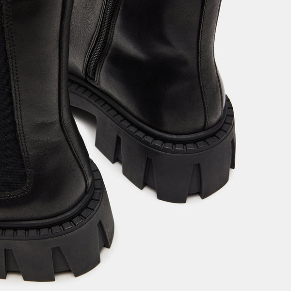 CHARGES Black Leather Platform Chelsea Booties | Women's Designer