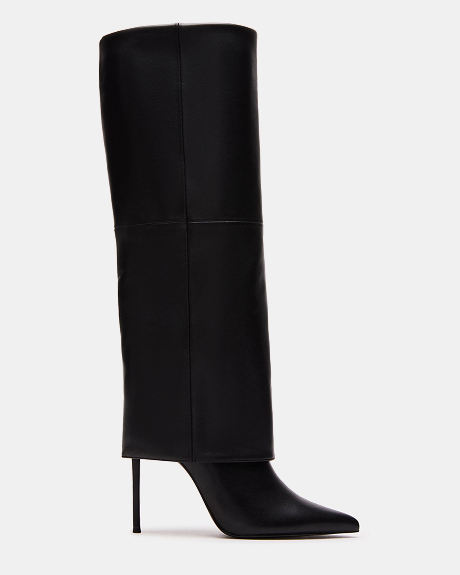 SMITH Black Leather Cuffed Knee High Stiletto Boot Women's