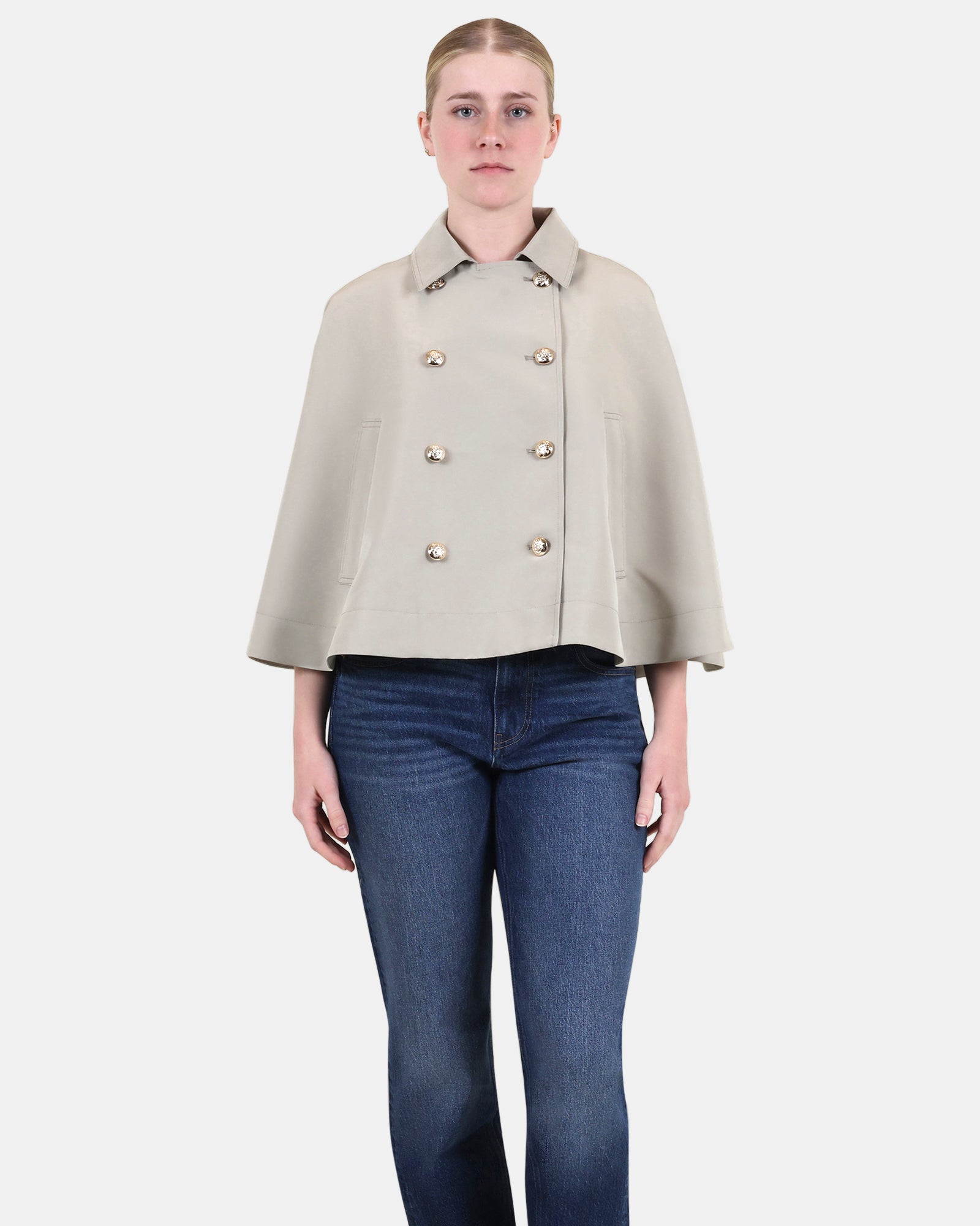 NOEMIE Long Sleeve Grey Trench Cape | Women's Designer Clothing