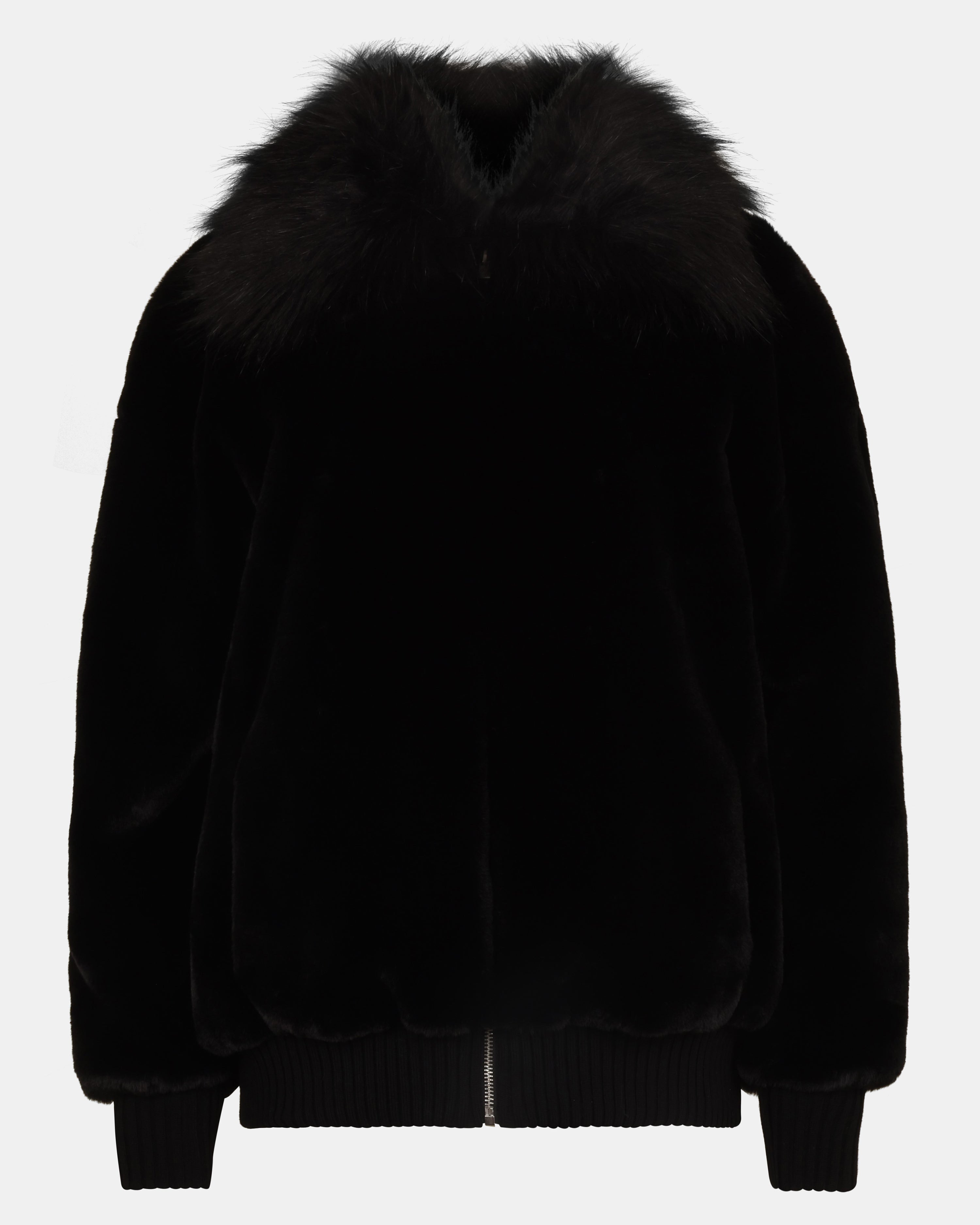 SILVIA Zip-Up Collared Faux-Fur Black Jacket | Women's Designer