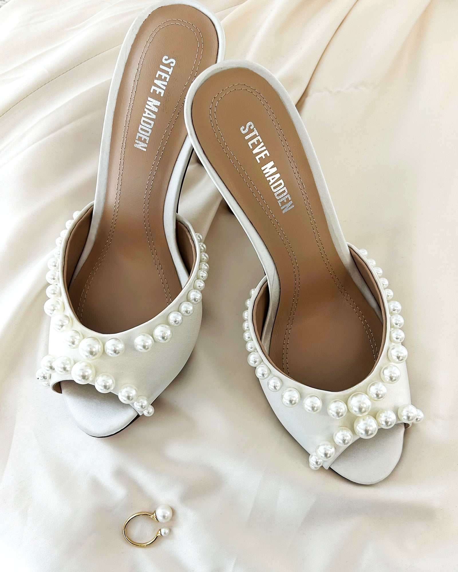 PRIYA-P White Satin Pearl Stiletto Heels Women's Designer Heels