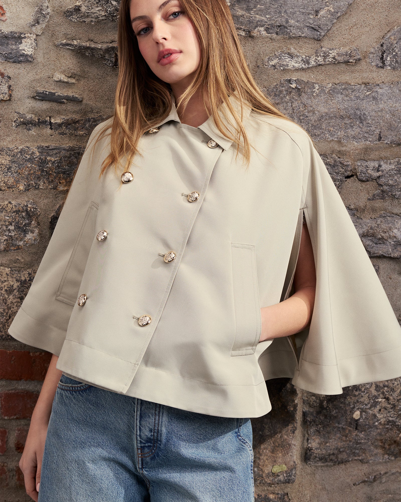 NOEMIE Long Sleeve Grey Trench Cape | Women's Designer Clothing