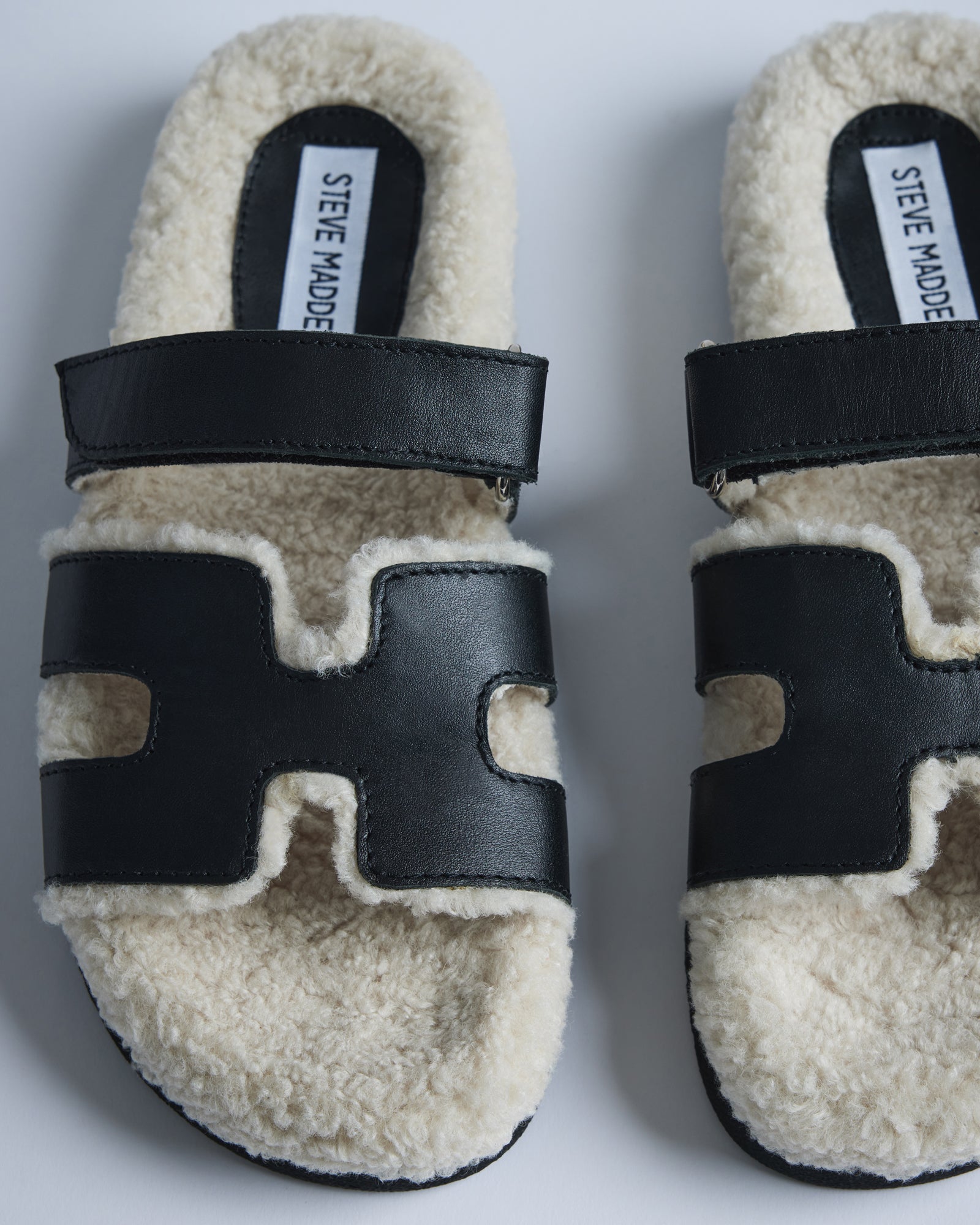 Slipper Steve Madden Teddy MAYVEN-F Faux Fur Black Leather Slide