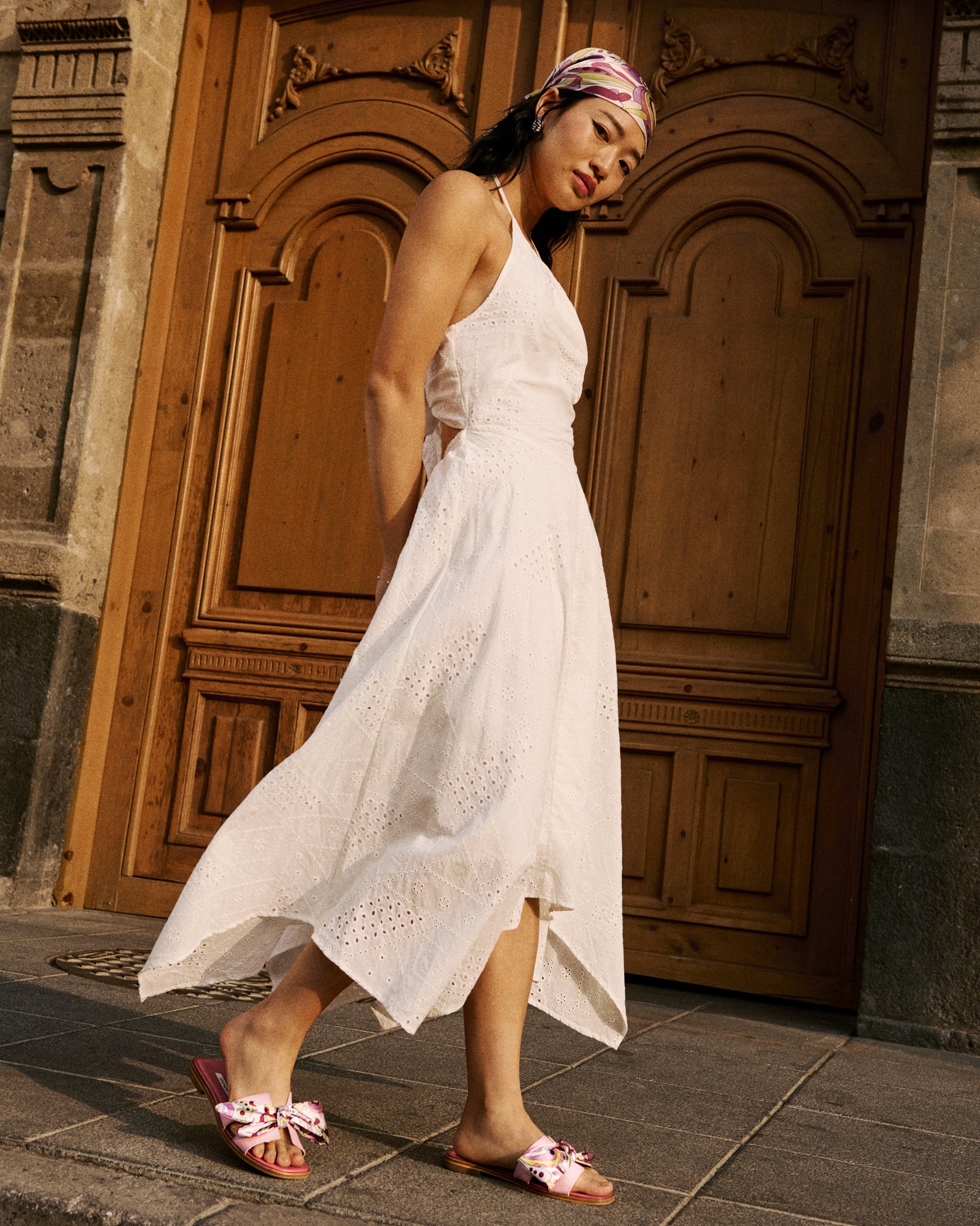 DALINA White Strapless Midi Eyelet Dress