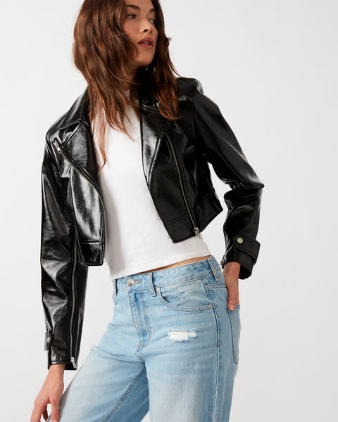 MADDIE Black Faux Leather Crop Moto Jacket | Women's Designer Jackets ...