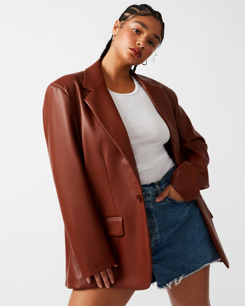 IMAAN FAUX LEATHER BLAZER TAN - Clothing - Steve Madden Canada