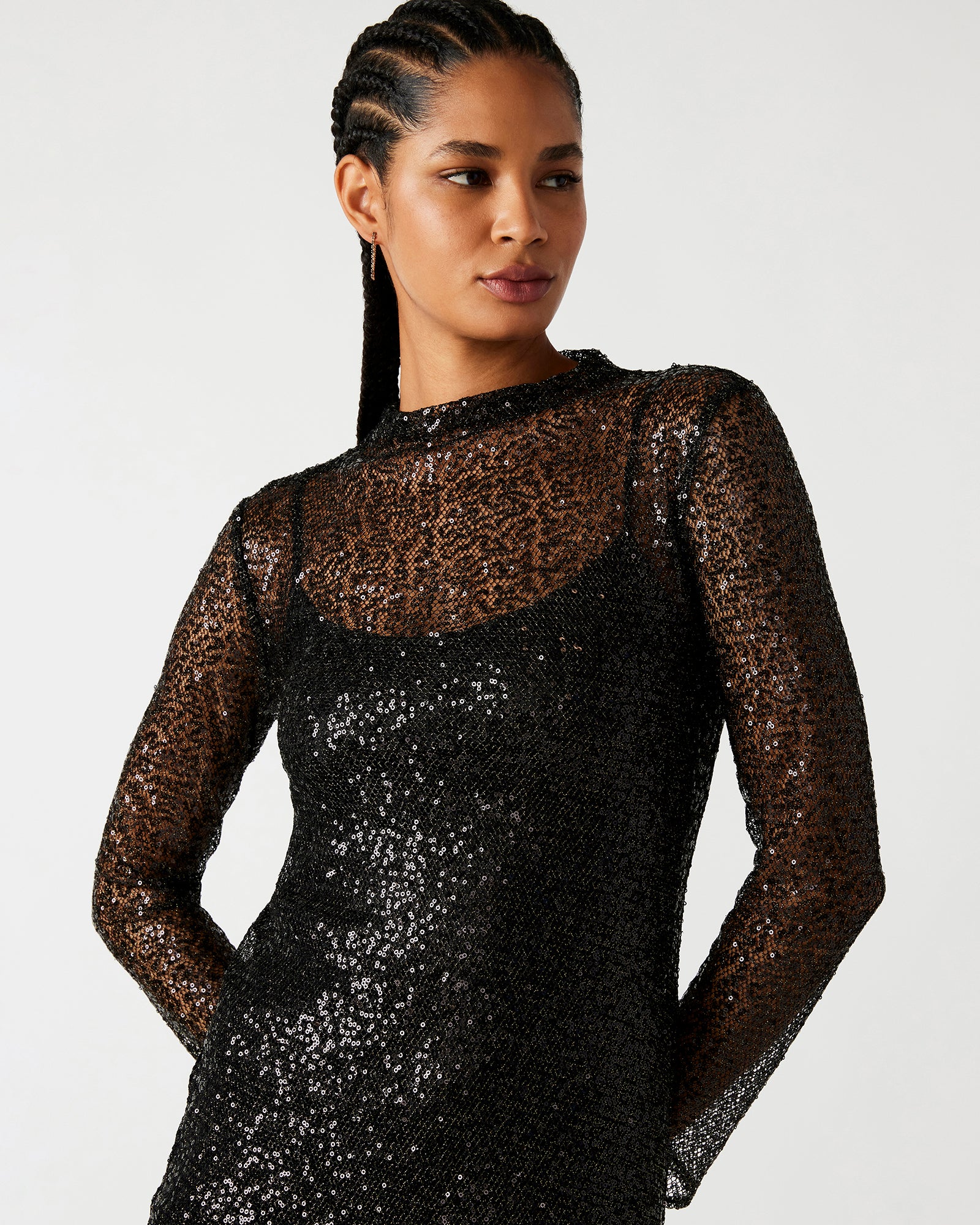 BLAKELY Black Sparkly Long Sleeve Midi Dress