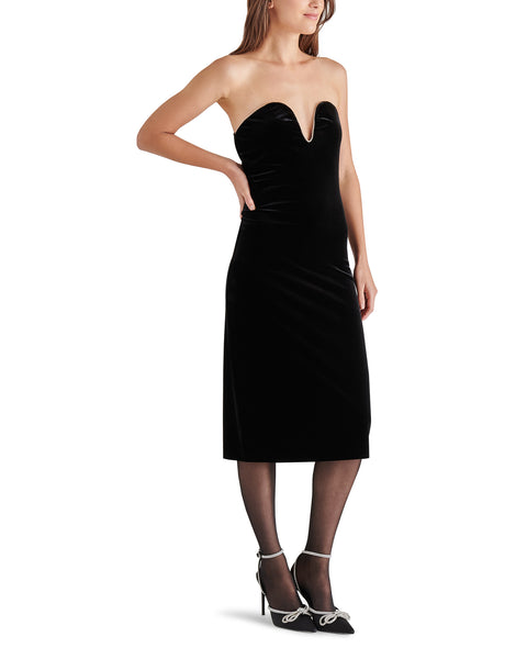 CHARLENE Black Strapless Midi Dress | Women's Designer Dresses – Steve ...