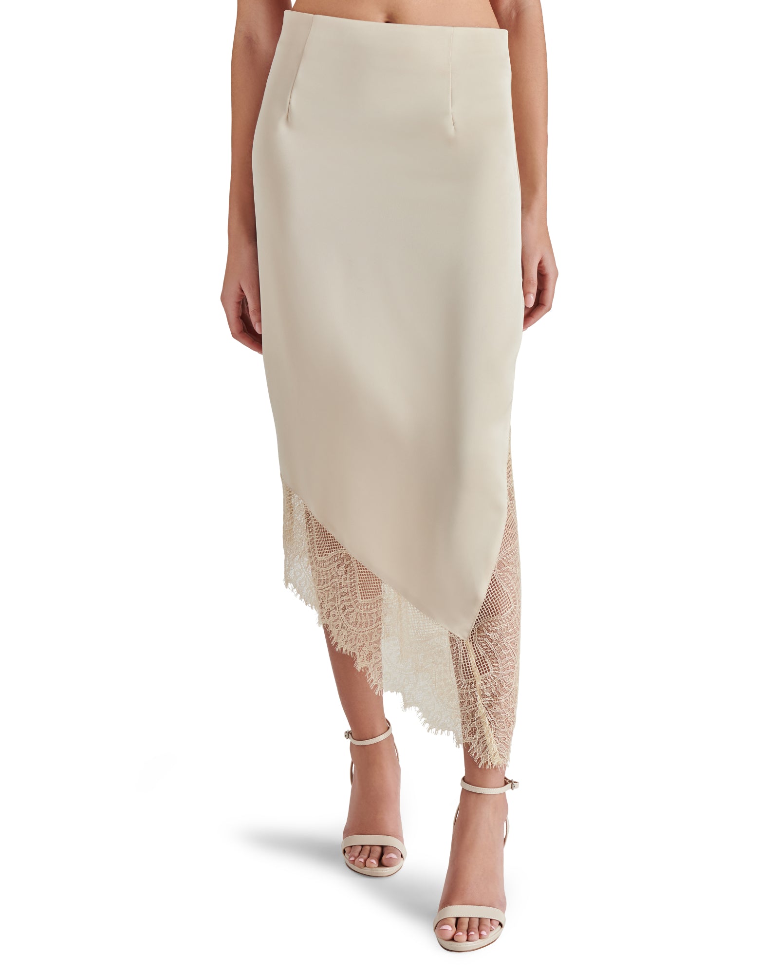 CARRIEANNE Oatmeal Asymmetrical Lace Midi Skirt Women's Designer