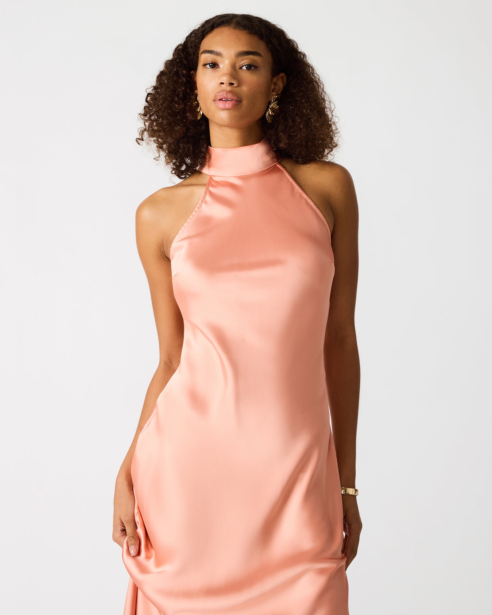 LARA Apricot Mock Neck Satin Maxi Dress | Women's Designer Dresses