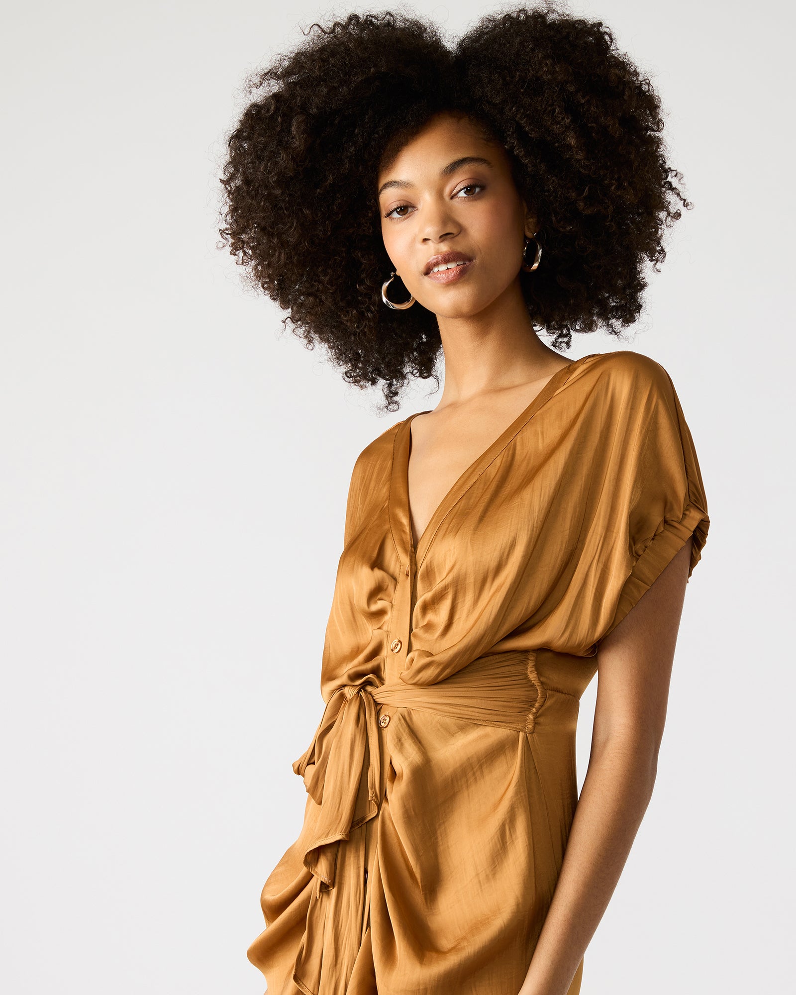 BRUNO DRESS Tan Button-Up Short-Sleeved Midi Dress