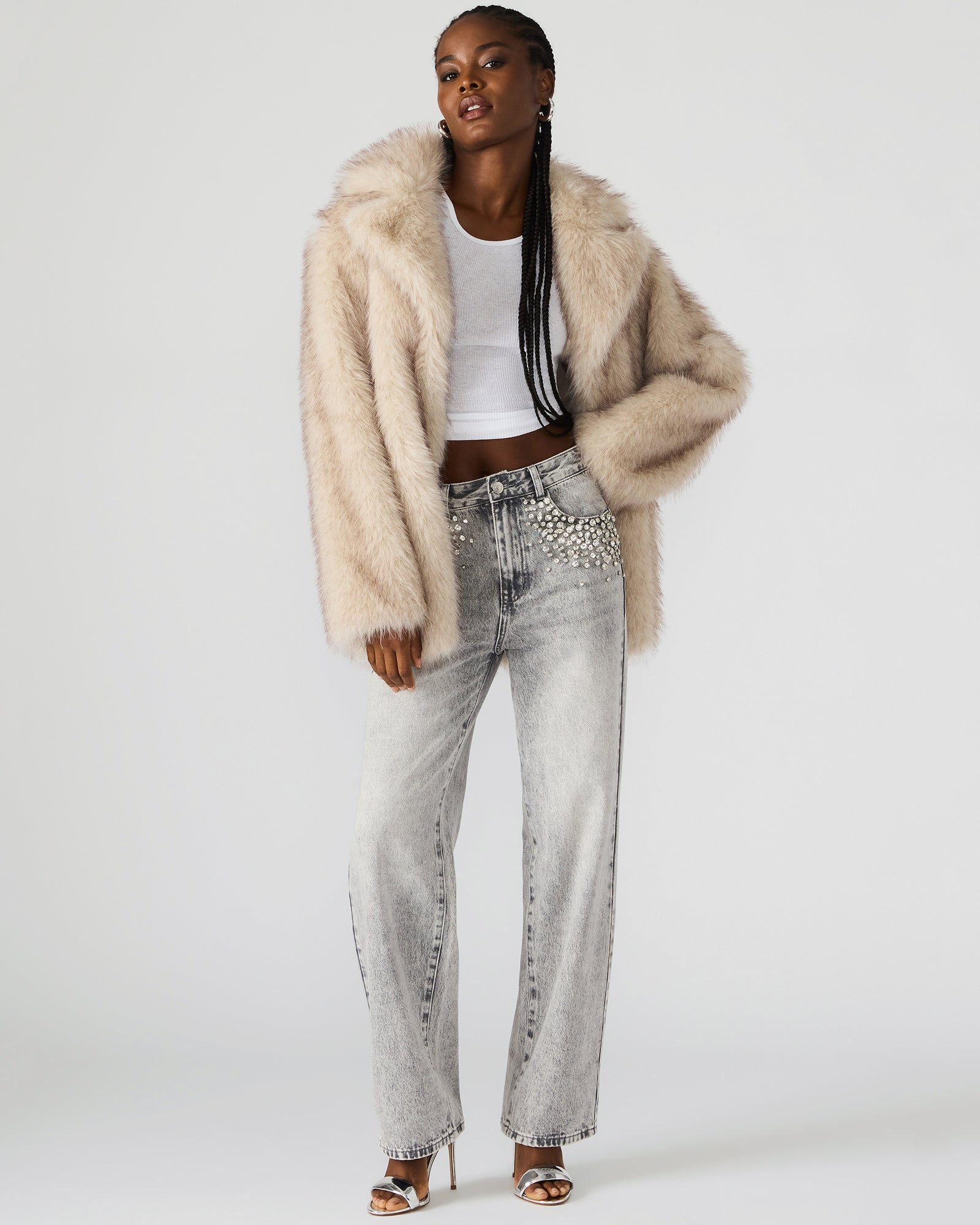 KINDRA Natural Faux Fur Collared Coat | Women's Designer Clothing