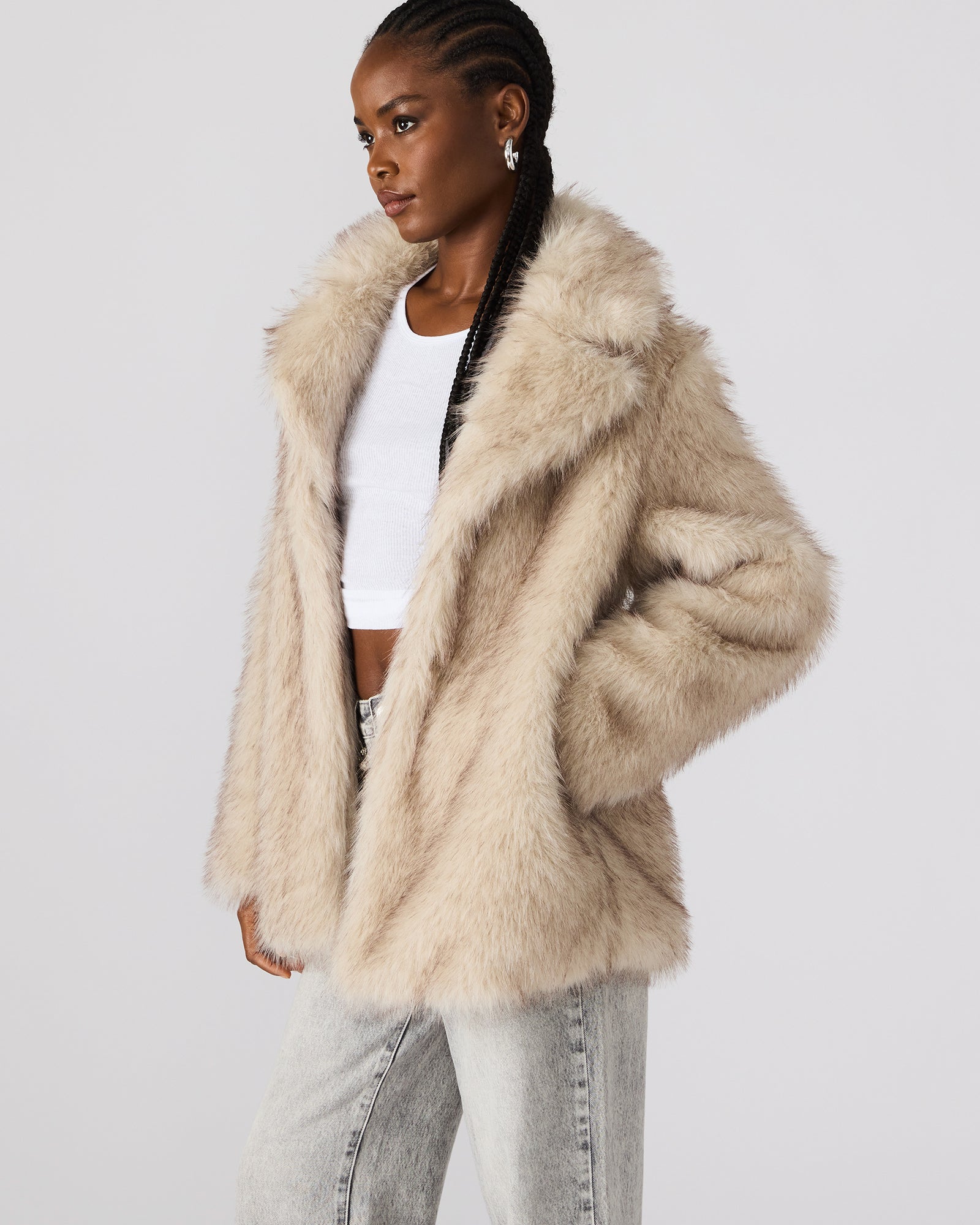 KINDRA Natural Faux Fur Collared Coat | Women's Designer Clothing