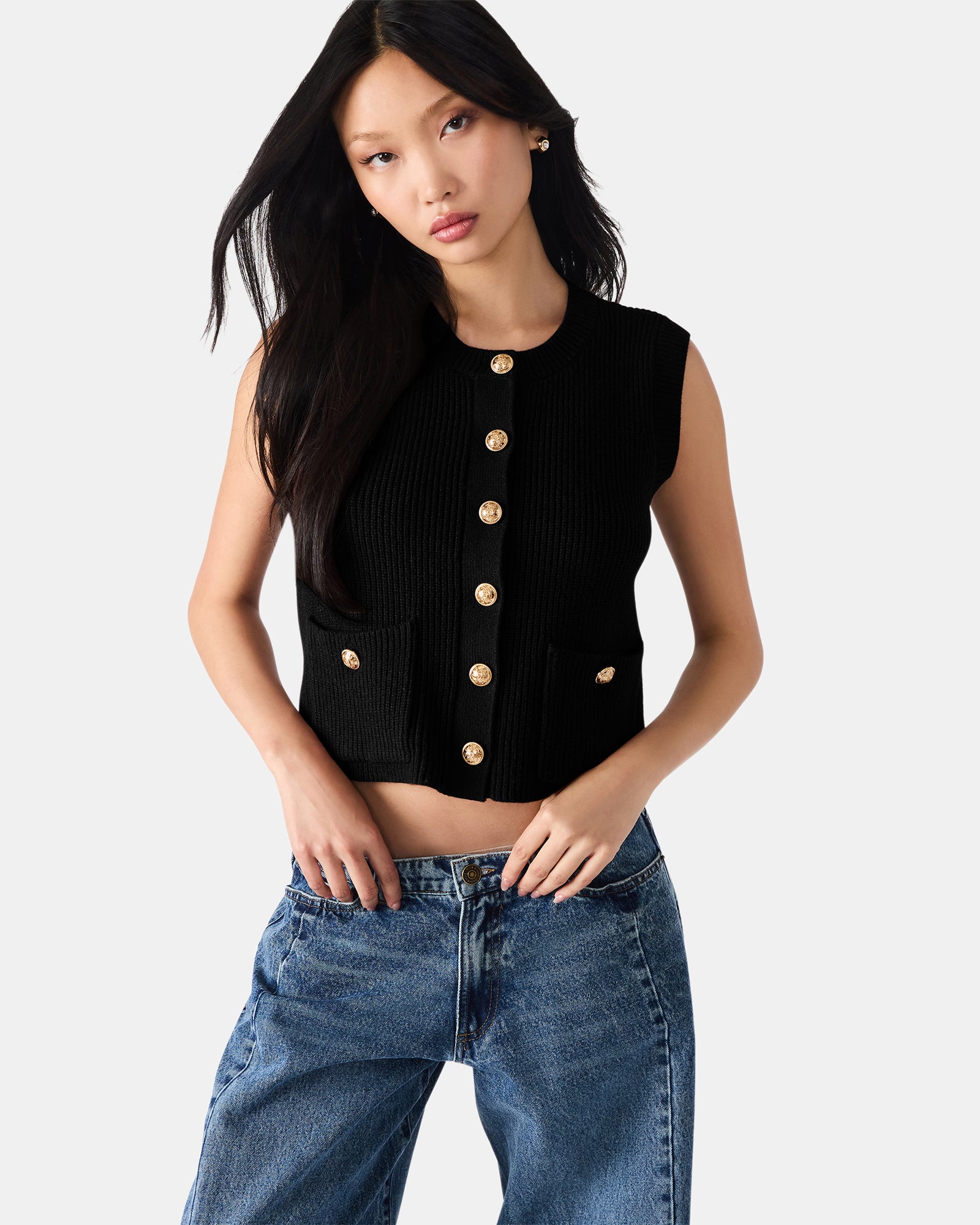 ALIYA SWEATER VEST BLACK - Clothing - Steve Madden Canada