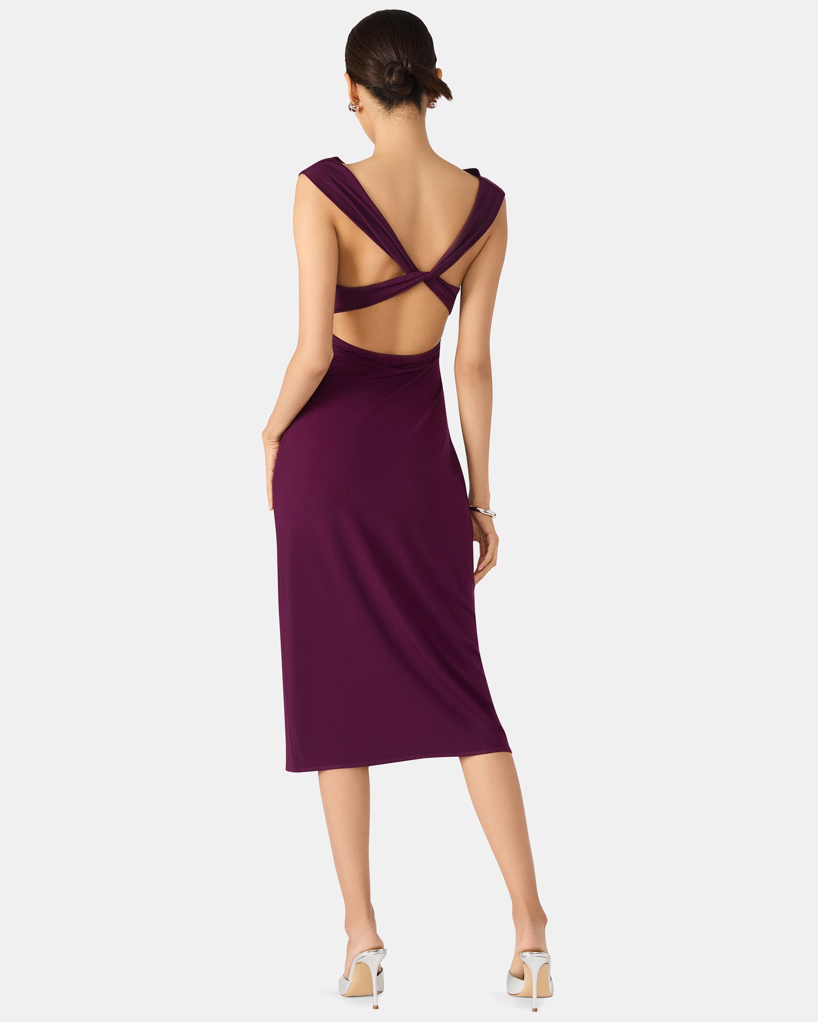 KALINA Purple Off Shoulder Open Back Midi Dress