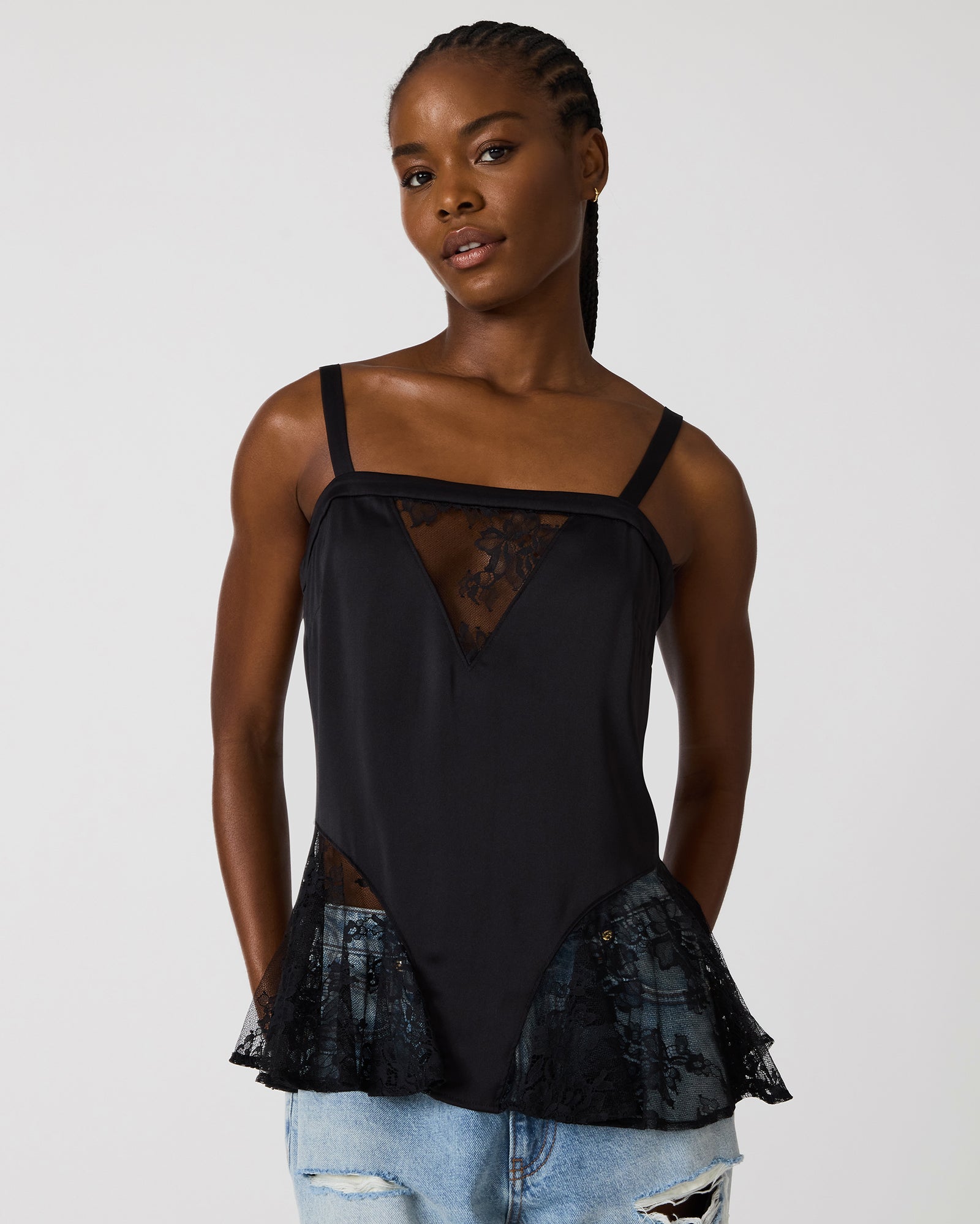 LEONORAH Black Square Neck Lace Top | Women's Designer Clothing