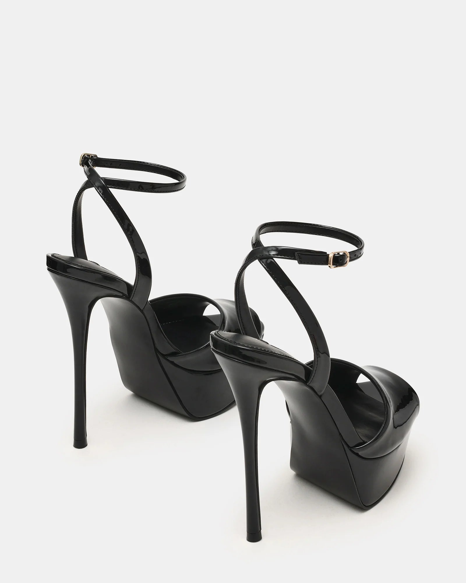 JEZZICA Black Patent Platform Stiletto Ankle Strap Heels | Women's