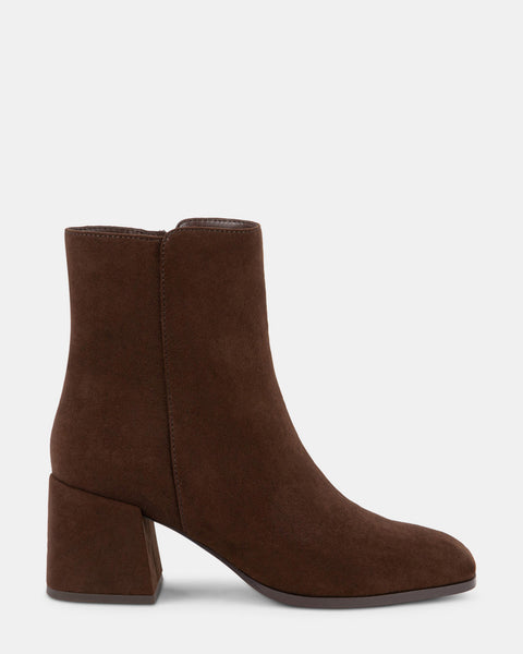 JOY Brown Micro Suede Block Heel Booties | Women's Designer Boots