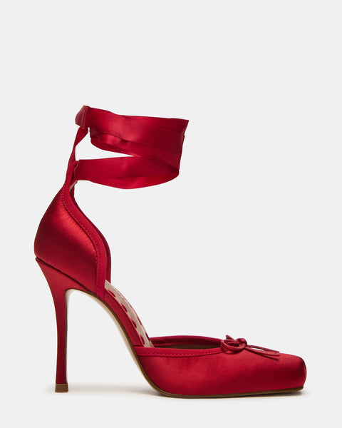 LARINA Red Satin Stiletto Square-Toe Lace Up Pumps | Women's