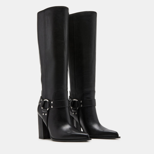 LOLLY Black Leather Knee Hight Black Heel Boots | Women's Designer ...