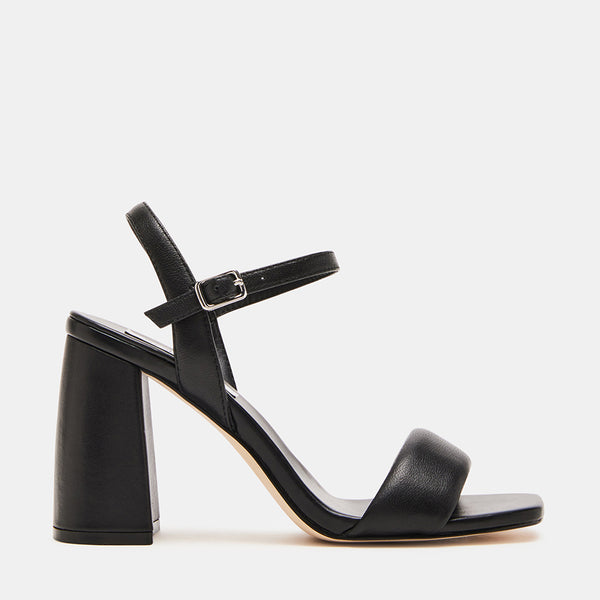 MAREENA Black Leather Square Toe Block Heel | Women's Designer Heels ...