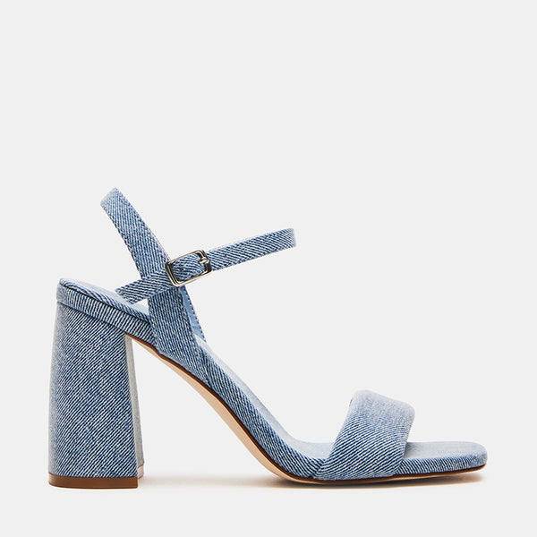 MAREENA Denim Fabric Square Toe Block Heel | Women's Designer Heels ...
