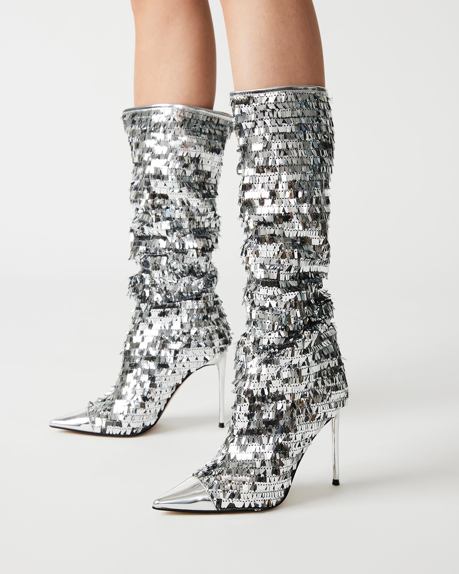 Knee Boots Rhinestone Booties Steve Madden PANTHER-S Silver Sequin