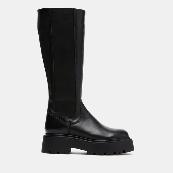 REX Black Leather Lug Sole Knee High Platform Boots | Women's Designer ...