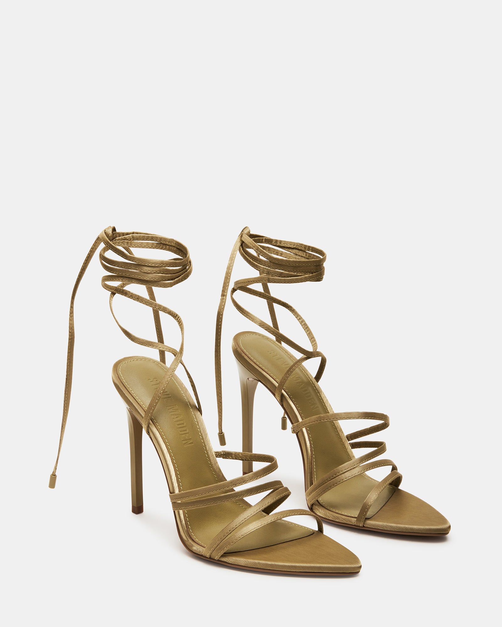 SARABELL Khaki Green Satin Stiletto Lace-Up Heel Women's