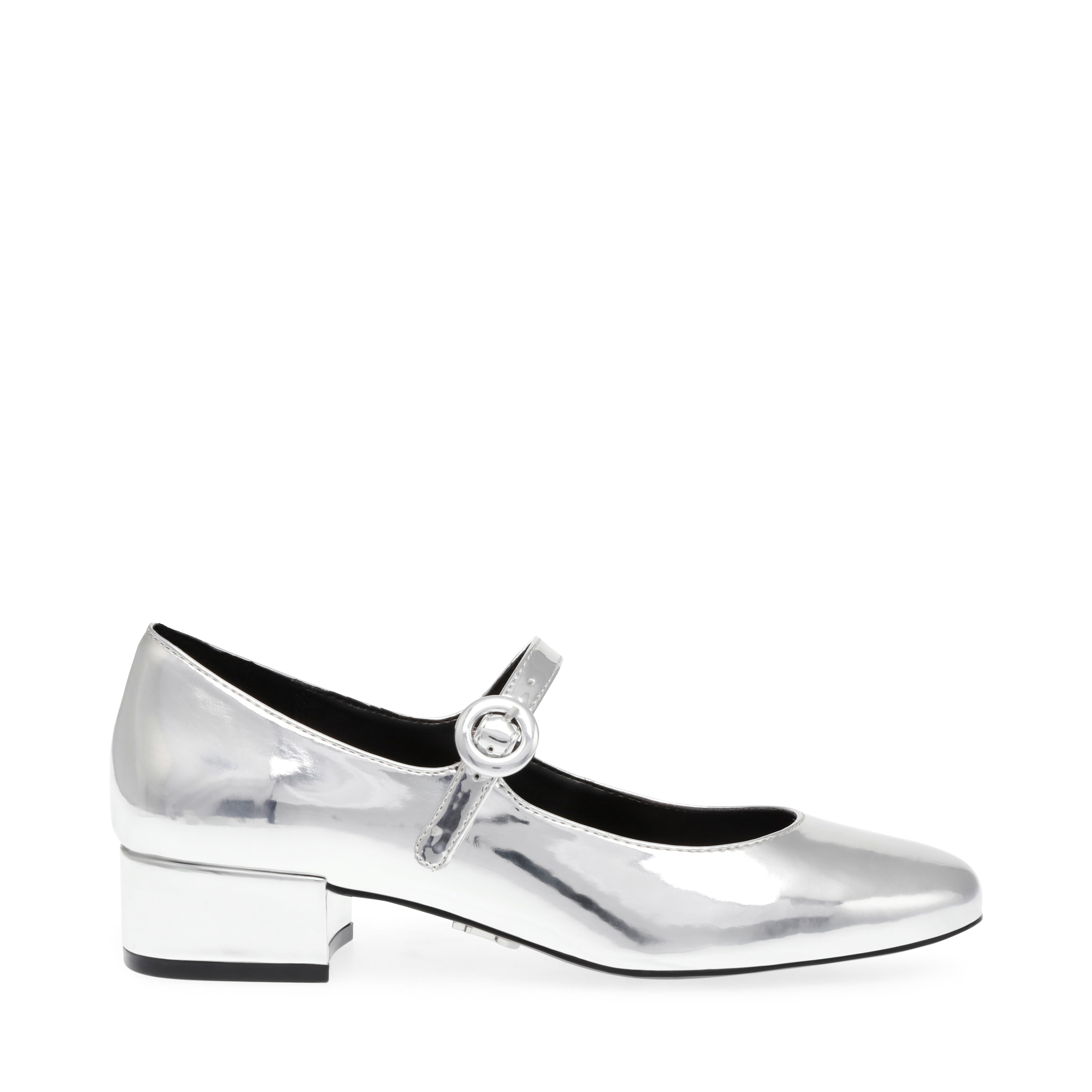SESSILY Silver Low Block Heel Mary Jane Pump | Women's Designer Heels ...