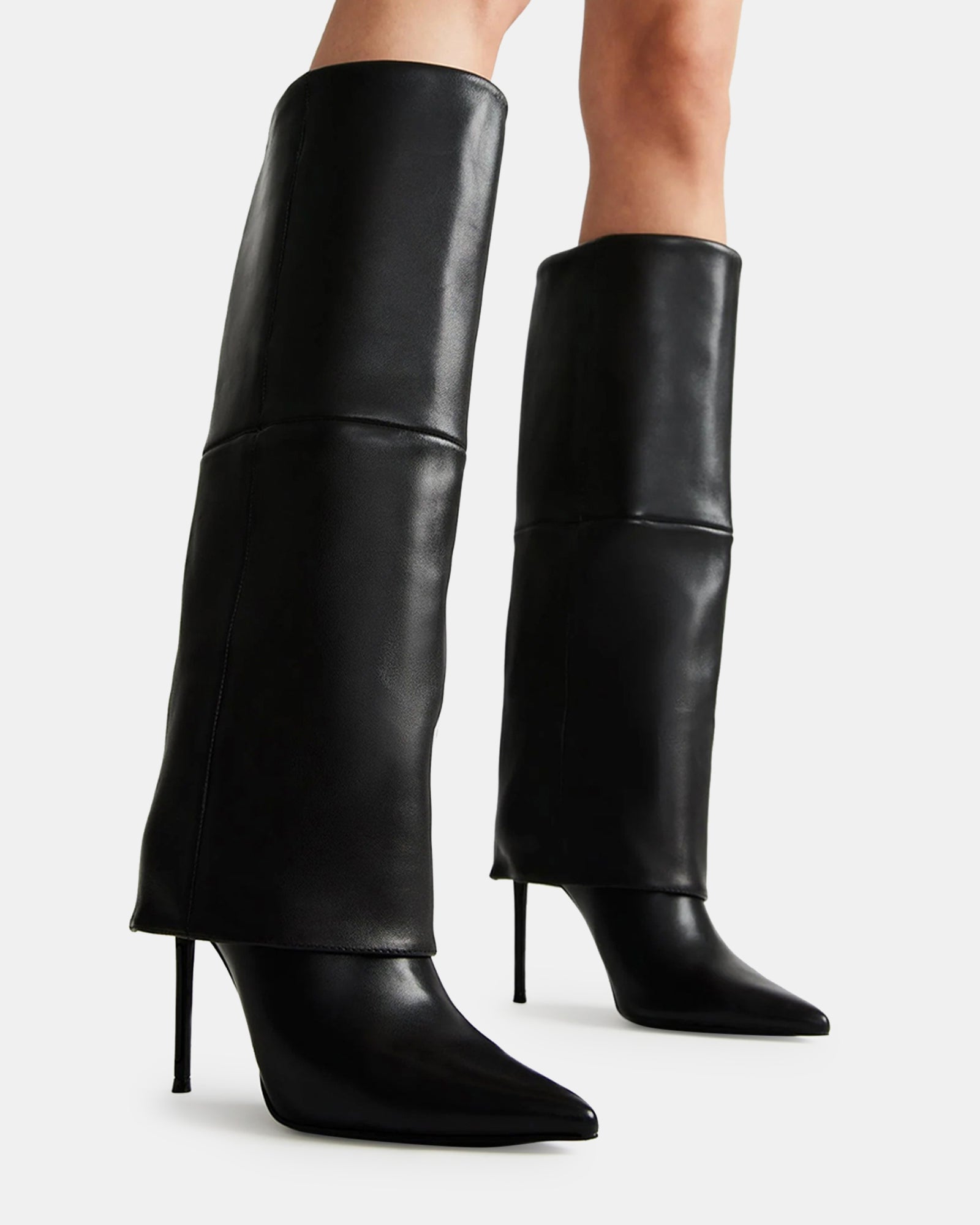 SMITH Black Leather Cuffed Knee High Stiletto Boot Women's