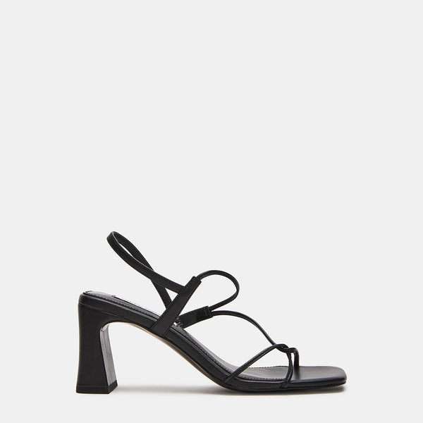 VALORA Black Leather Strappy Block Heels | Women's Designer Heels ...