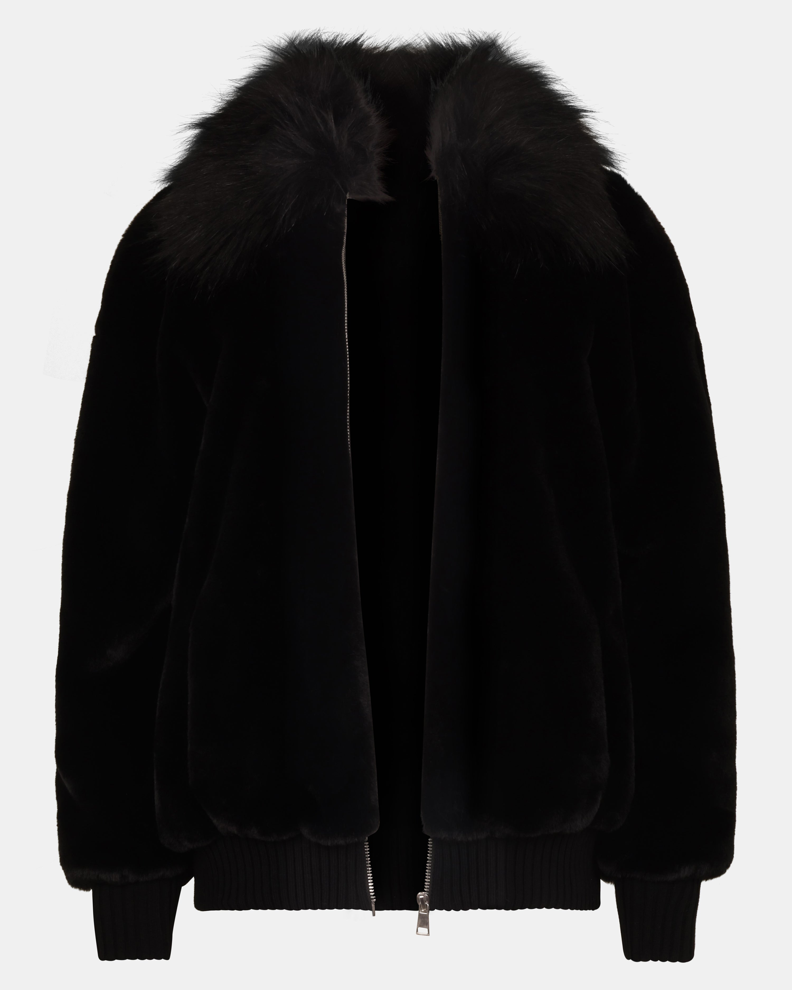 SILVIA Zip-Up Collared Faux-Fur Black Jacket | Women's Designer