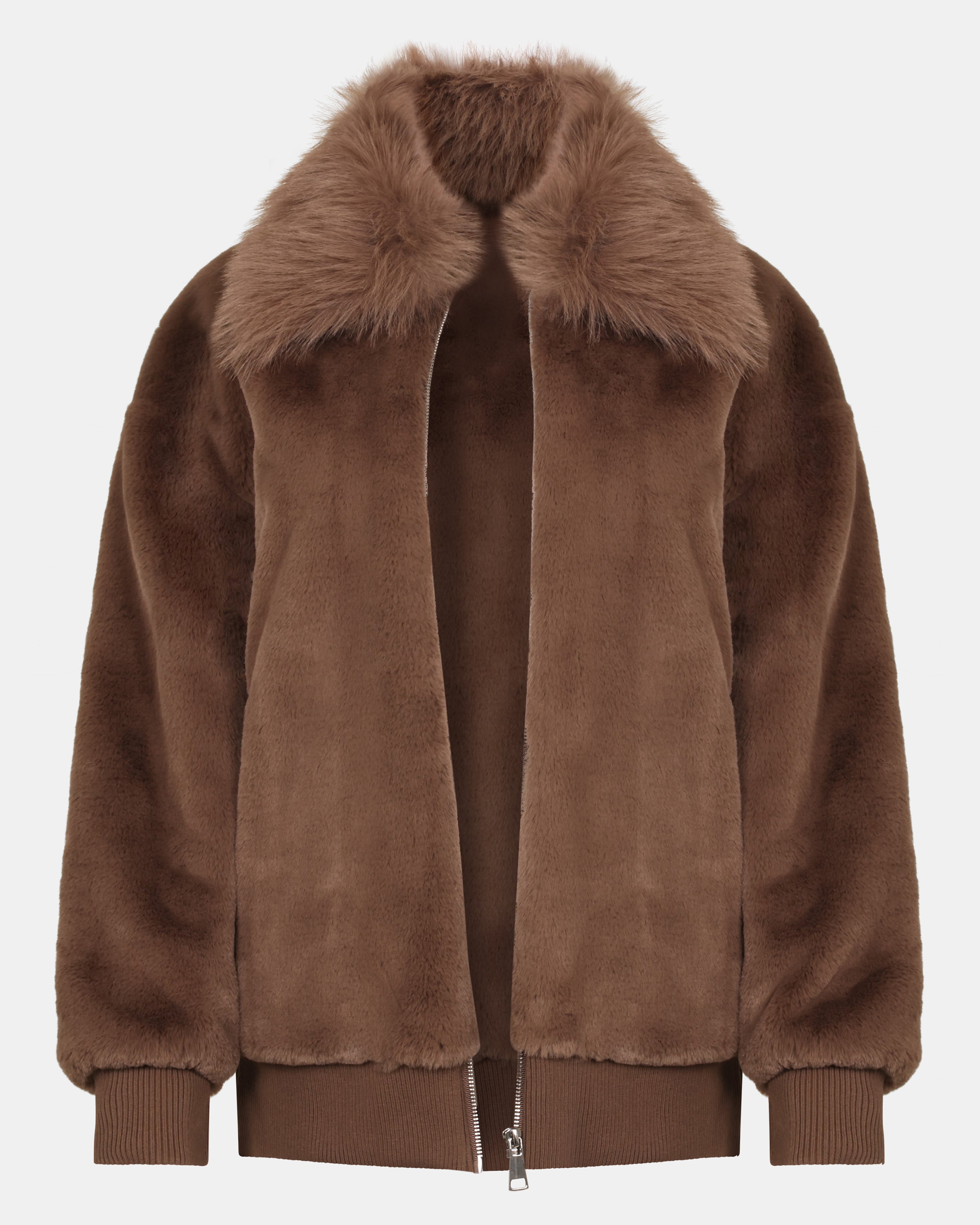 SILVIA Zip-Up Collared Faux-Fur Mocha Jacket | Women's Designer