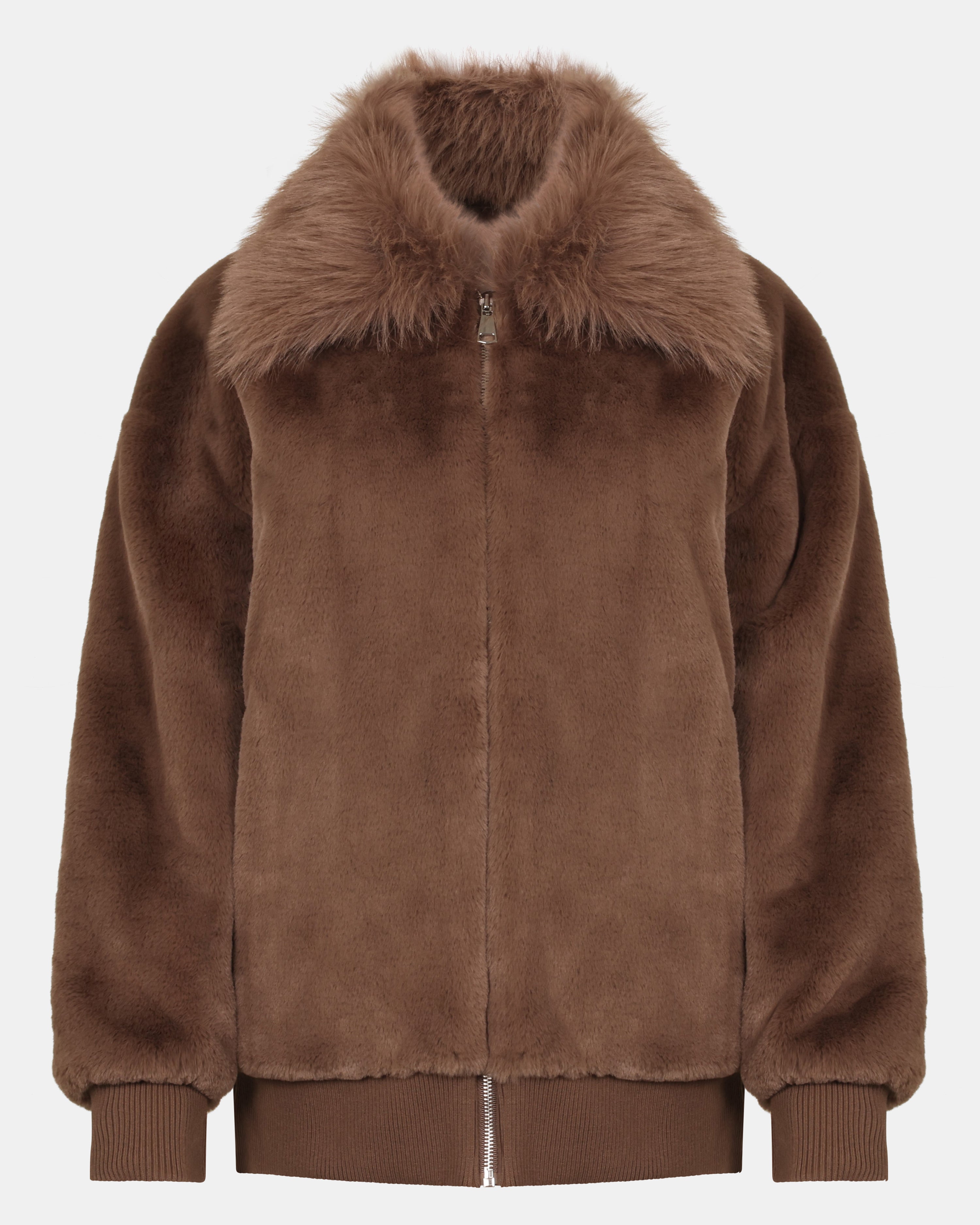 SILVIA Zip-Up Collared Faux-Fur Mocha Jacket | Women's Designer