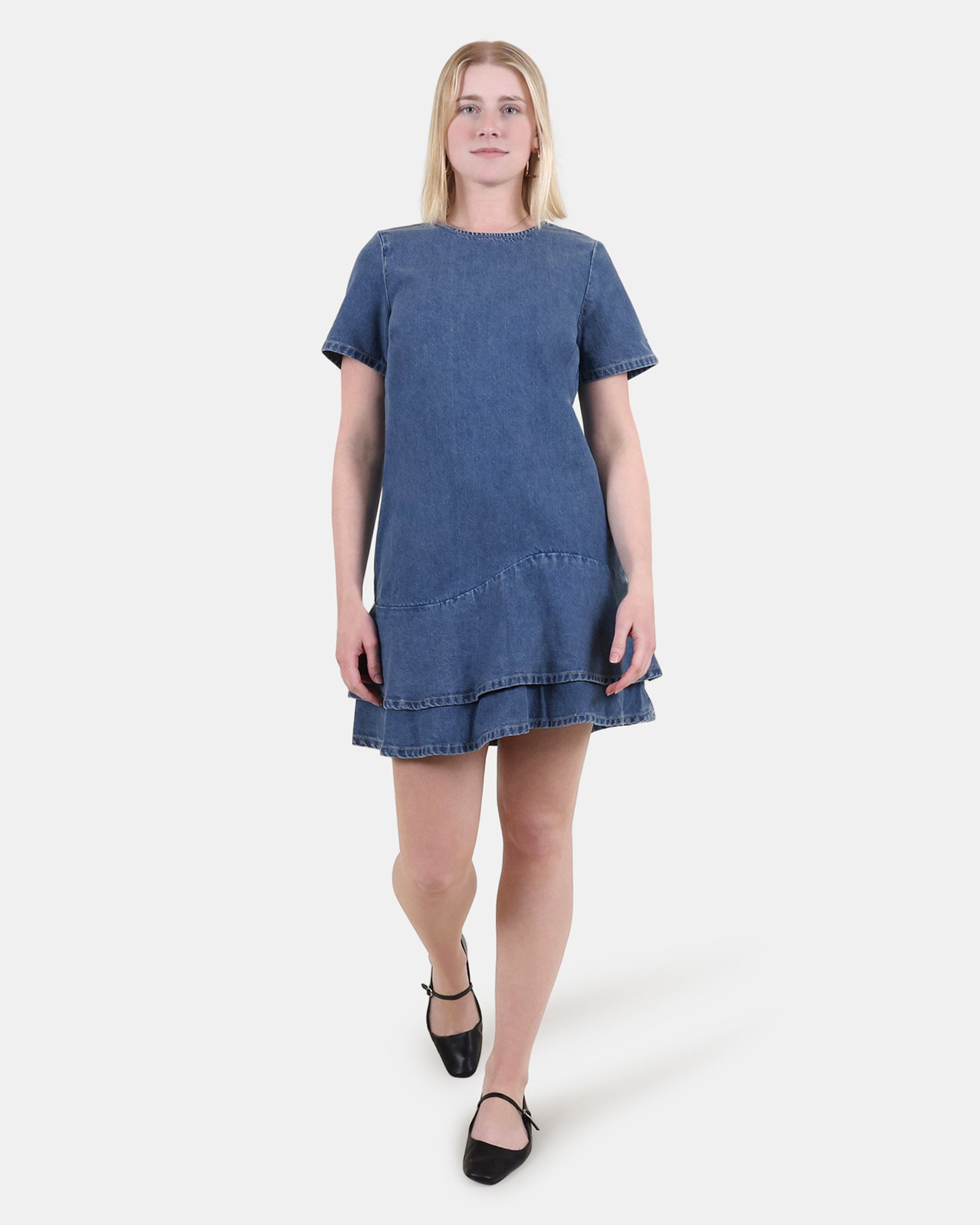 TINA Short Sleeve Dark Blue Denim Flowy Dress | Women's Designer Clothing Steve Madden Canada TINA Short Sleeve Dark Blue Denim Flowy Dress | Women's Designer Clothing Steve Madden Canada